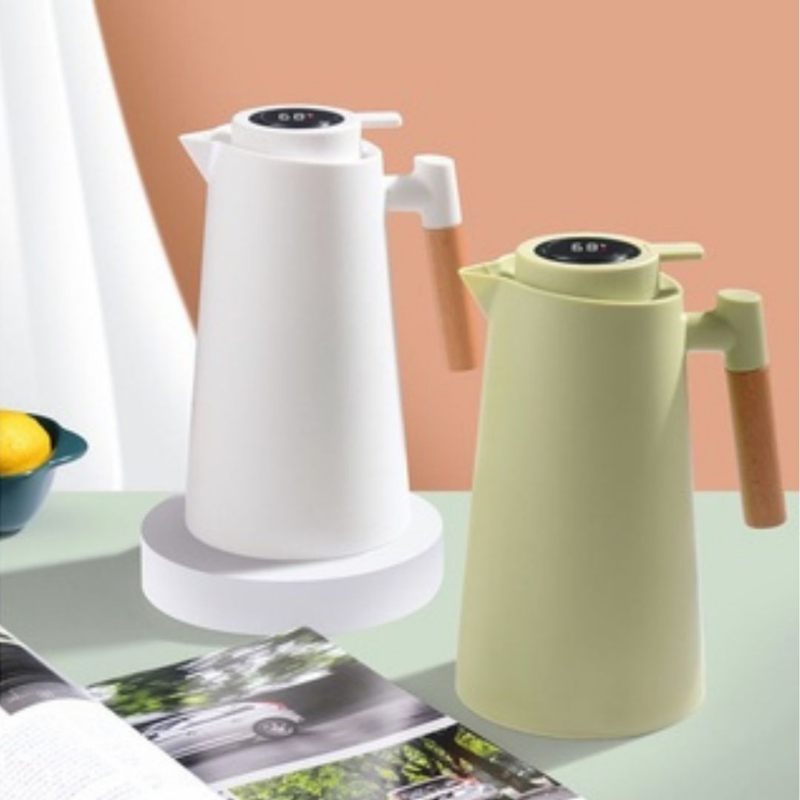 Garrafa Térmica Termometro Digital 1L Café Chá Nórdica Com Cabo Madeira