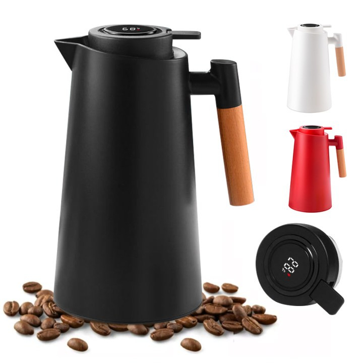 Garrafa Térmica Termometro Digital 1L Café Chá Nórdica Com Cabo Madeira